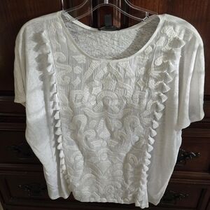 NWT J Crew White Linen Embroidered Tassel Top Coral Boho - size XXS